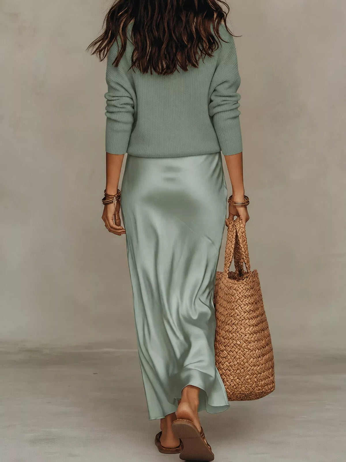 V-Neck Top and Satin Midi Skirt Set