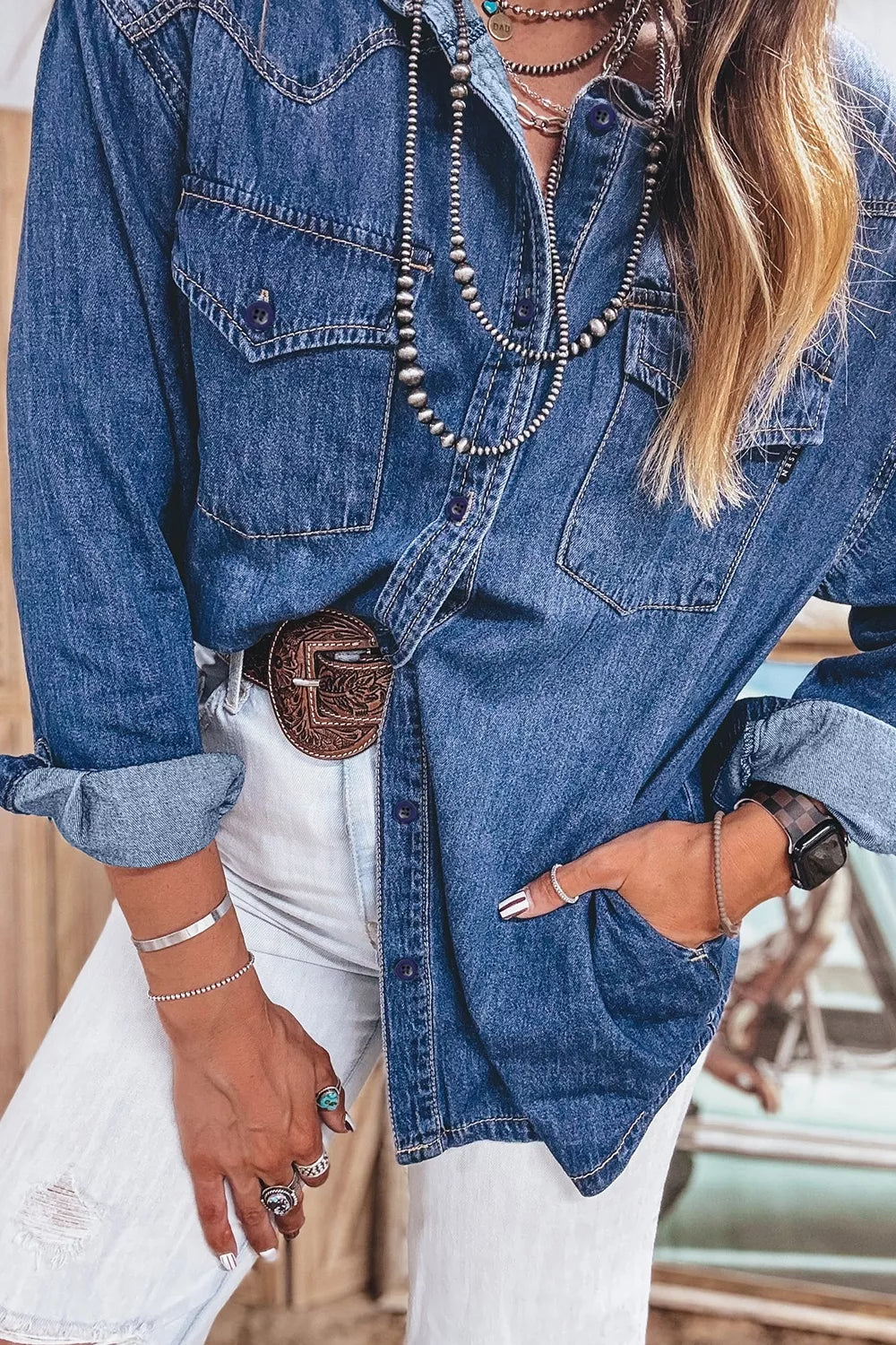 Western Patch-Pocket Denim Tunic in Dusty Blue