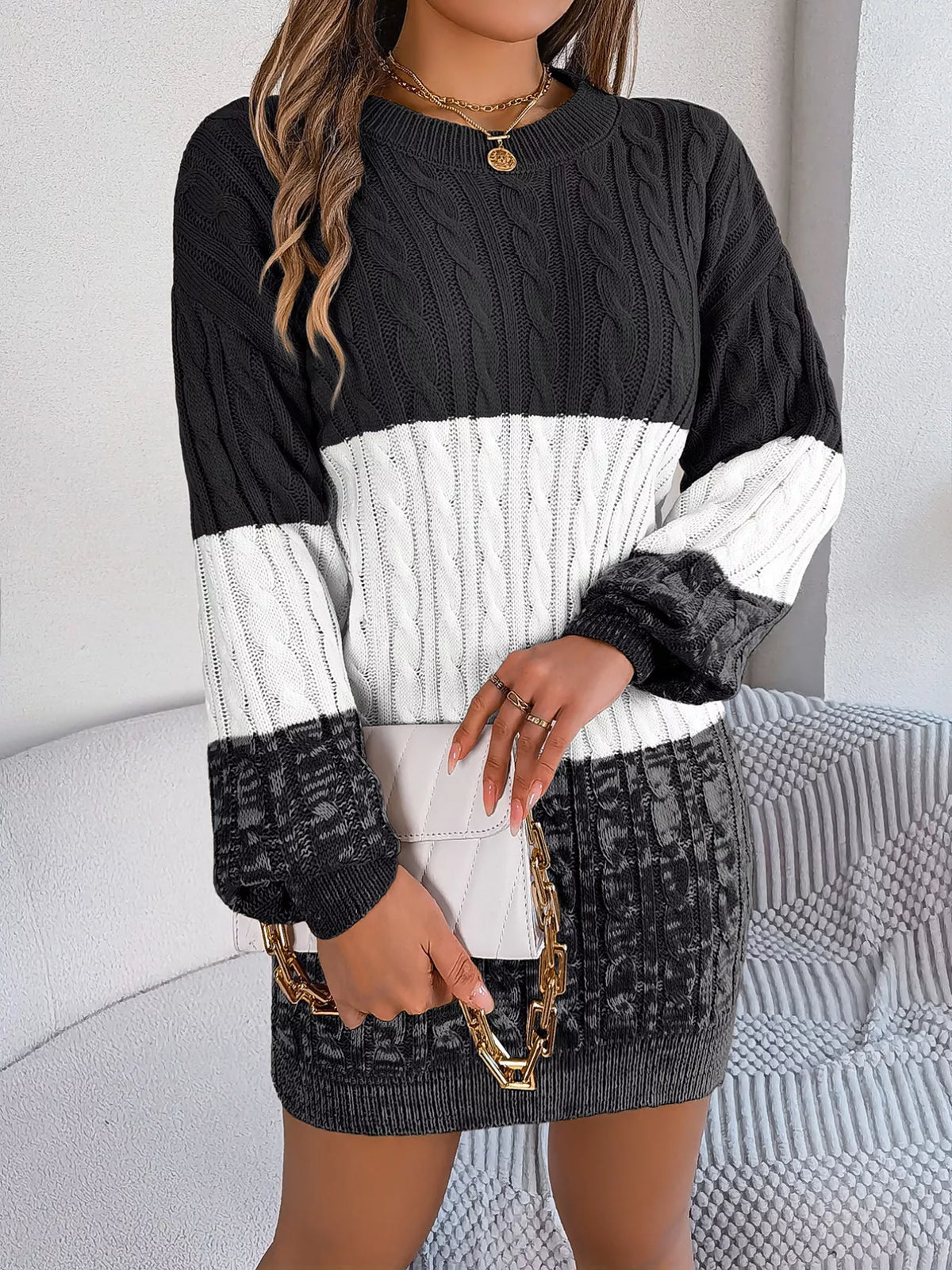 Color Block Cable Knit Sweater Dress