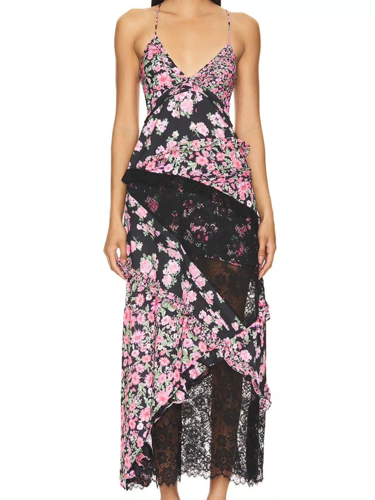 Lace Detail Ruffled V-Neck Maxi Dress