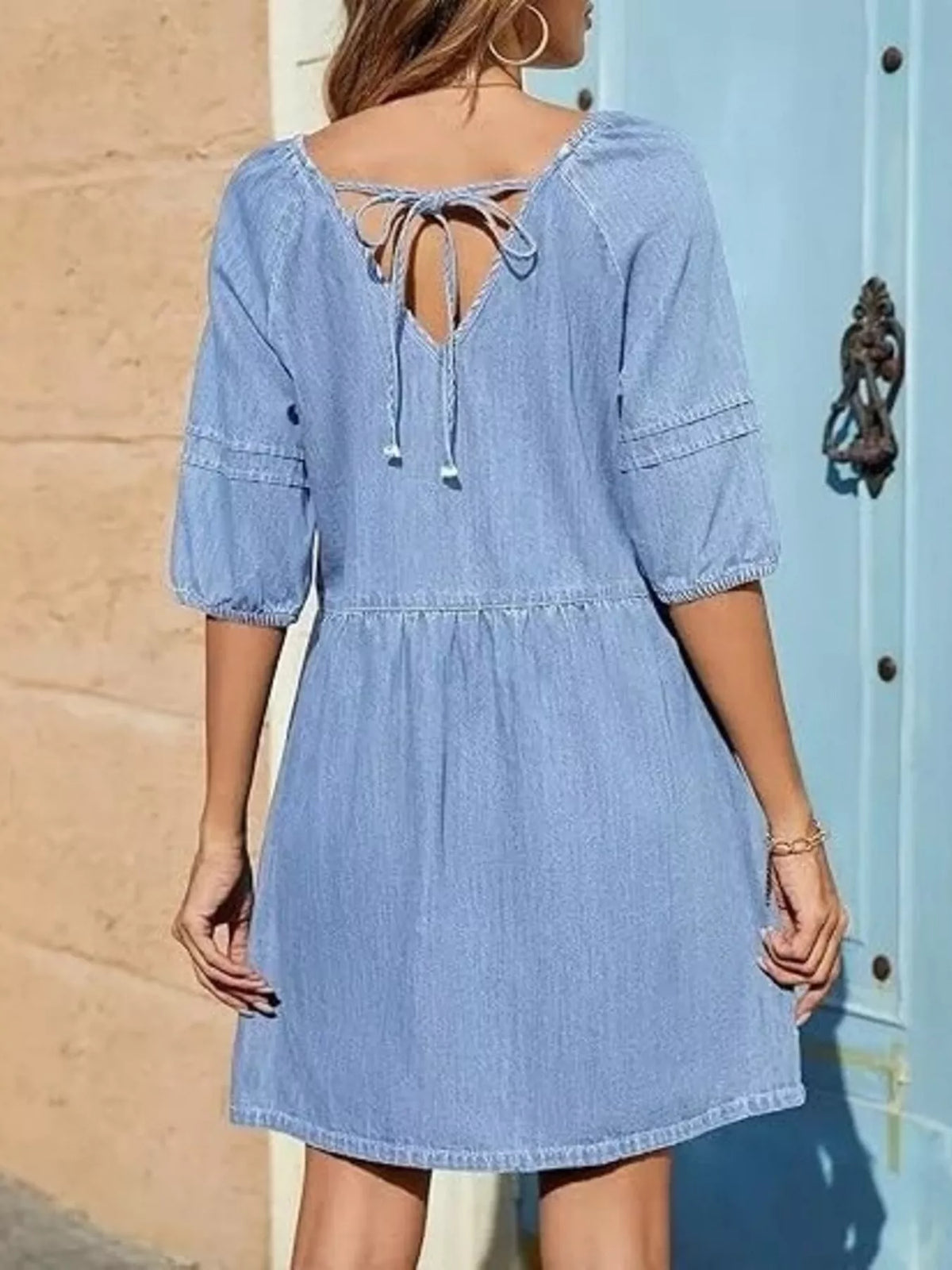 V-Neck Puff Sleeve Denim Mini Dress