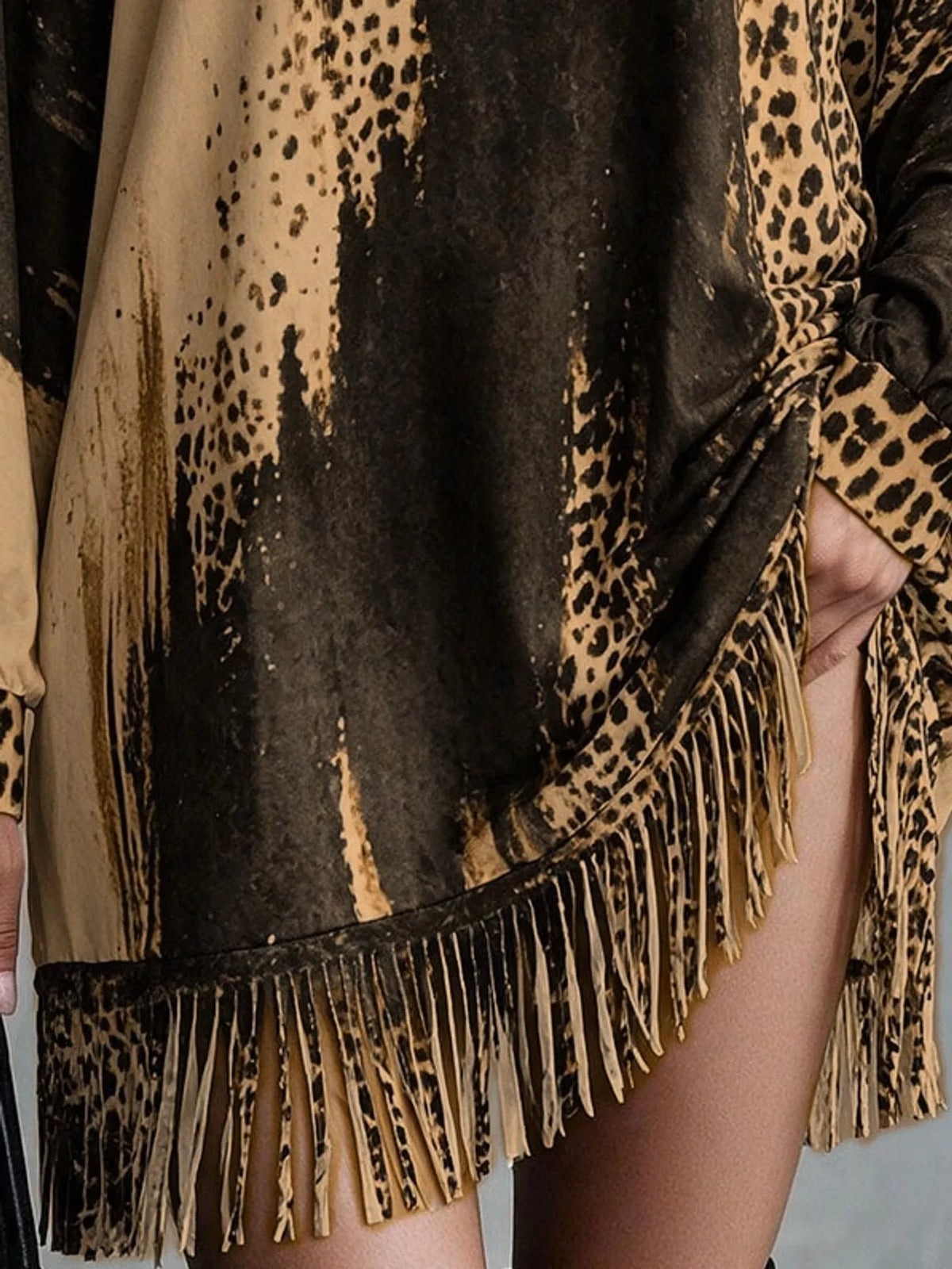 Leopard Print Mock Neck Fringe Hem Mini Dress