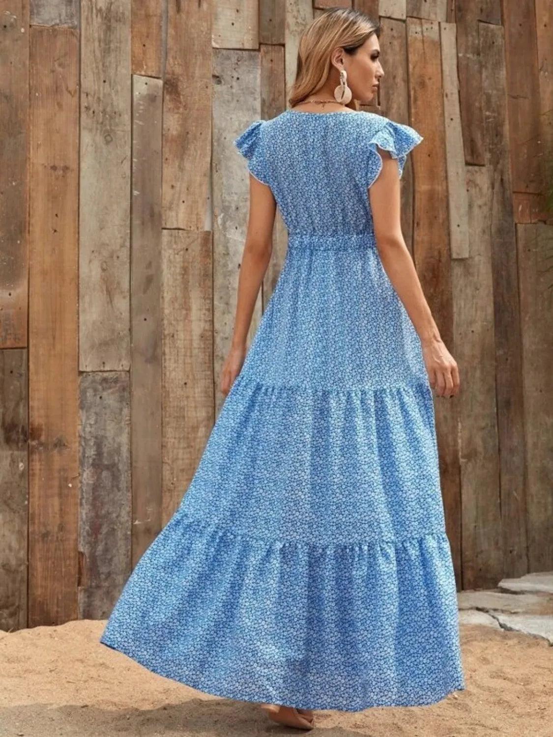Ruffled Cap Sleeve V-Neck Maxi Dress