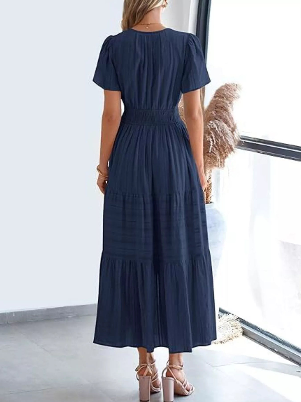 Short Sleeve Tiered Midi Dress with Pockets