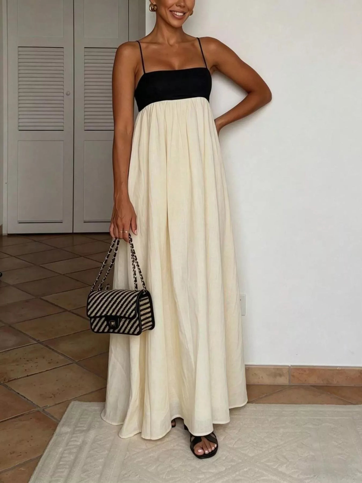 Sleeveless Two-Tone Maxi Dress in Beige