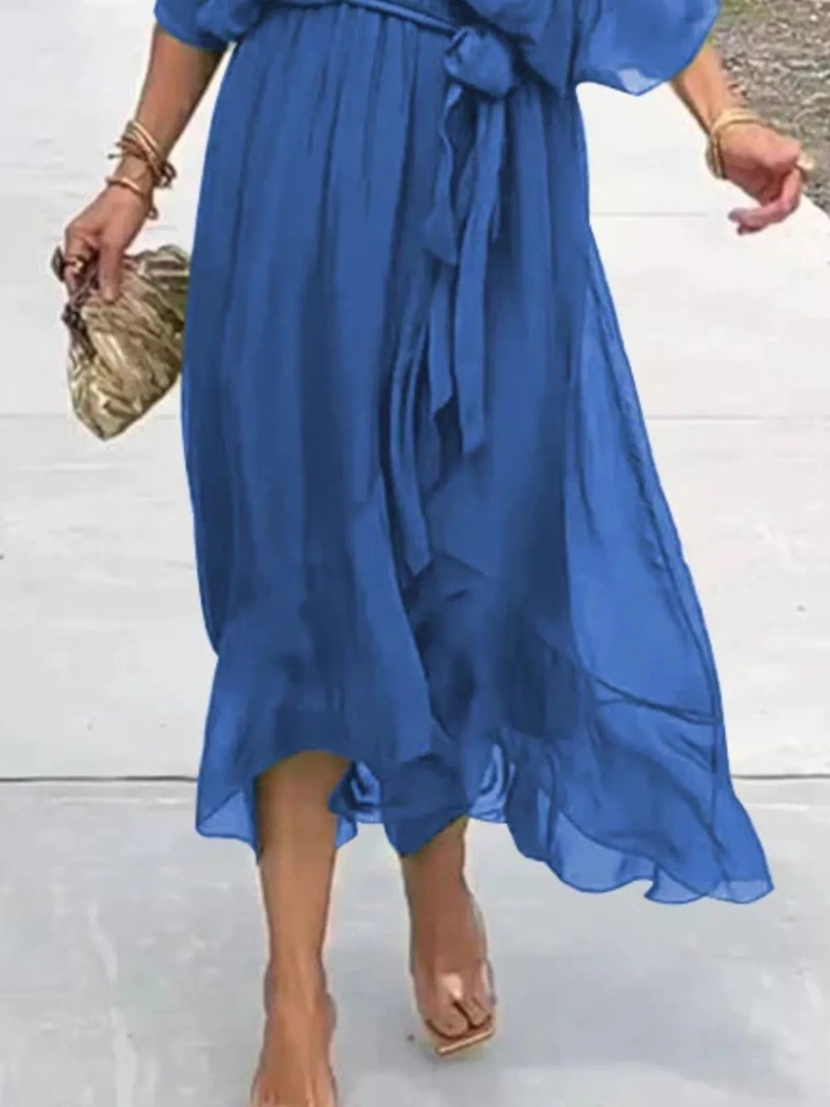 Flowy Tie-Front Midi Dress with Flutter Sleeves