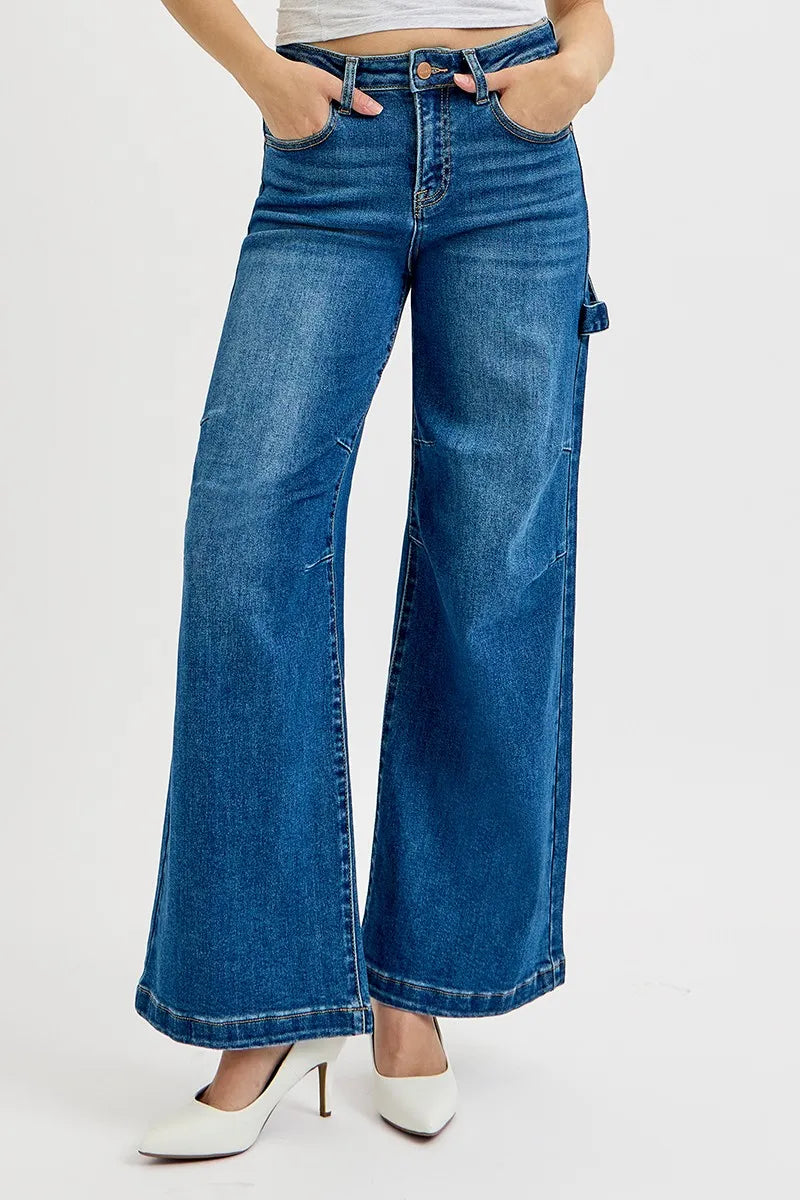 Risen High Rise Wide Leg Jeans with Patch Detail in Dark Wash