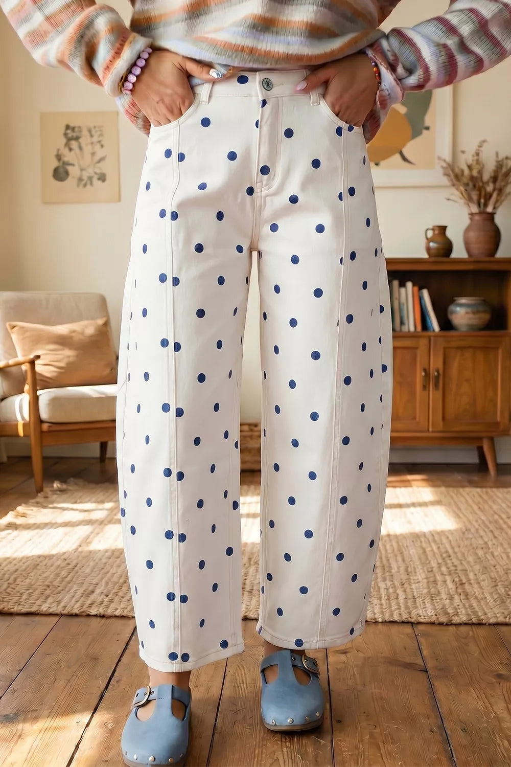 Polka Dot Wide-Leg Jeans in Light Blue