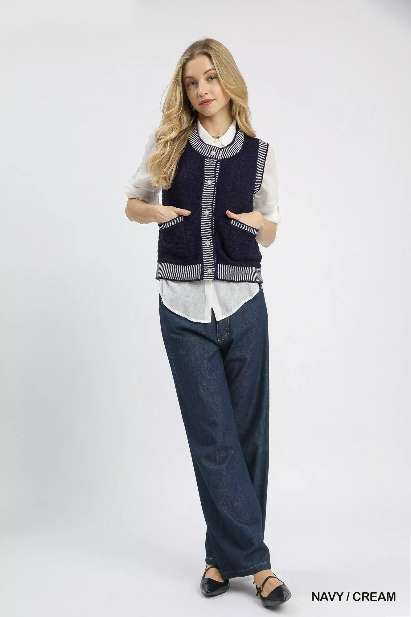 Umgee Striped Trim Button-Down Sweater Vest in Navy and Cream in Navy / cream