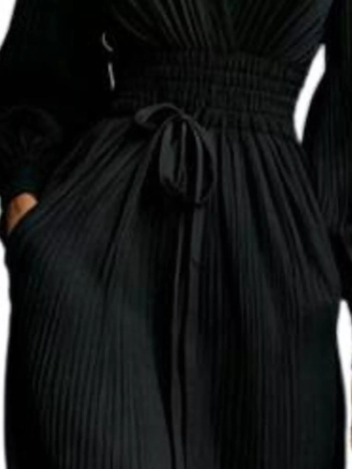 Pleated V-Neck Maxi Dress with Lantern Sleeves