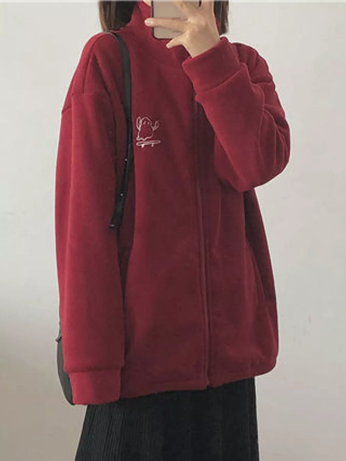 Embroidered Fleece Stand-Collar Jacket