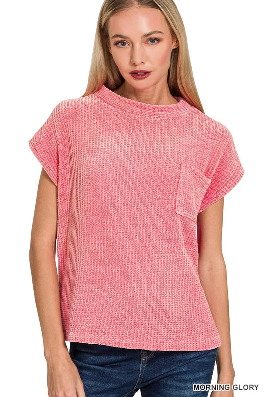 Zenana Chenille Waffle Short Sleeve Sweater in Morning Glory
