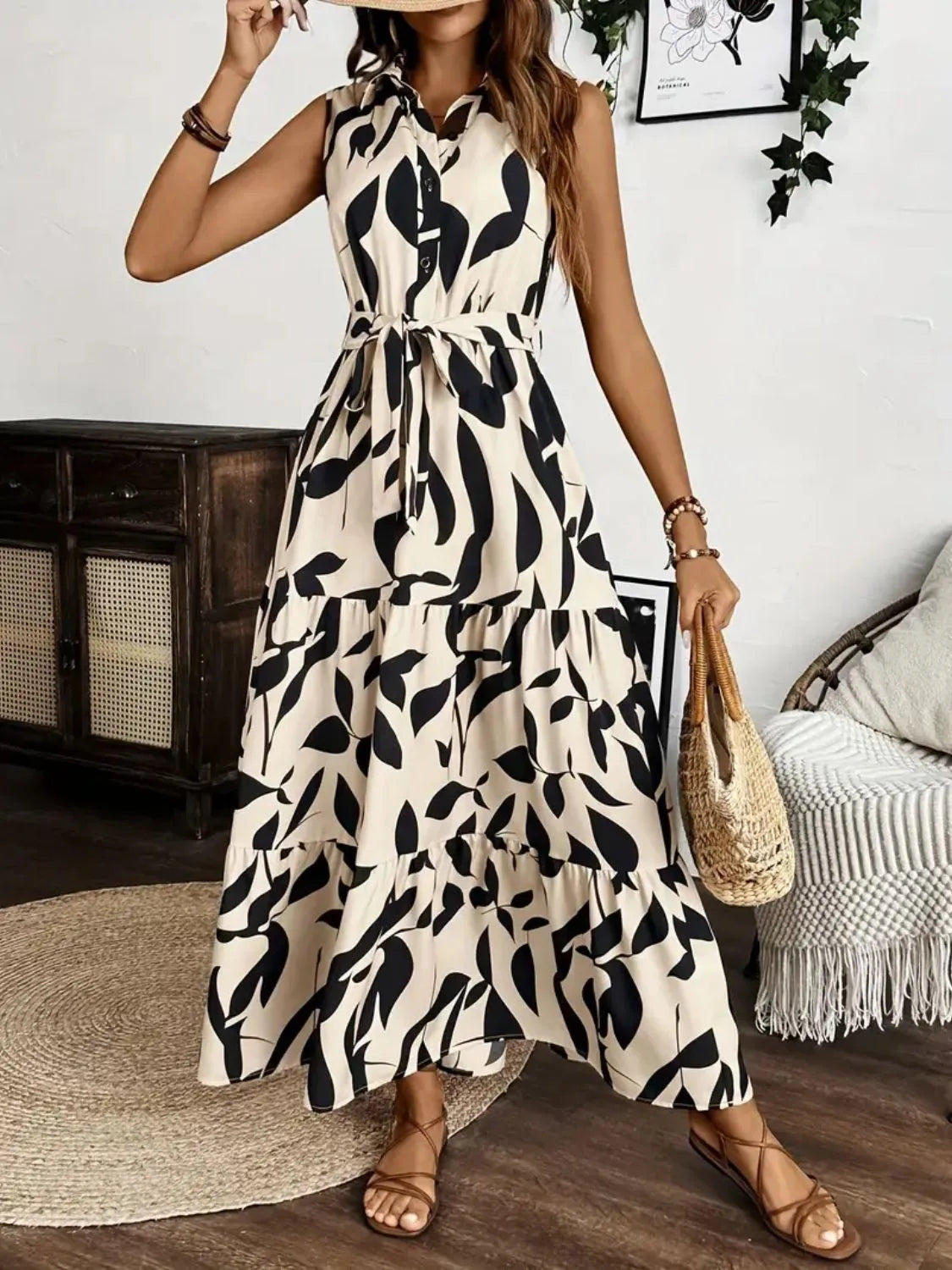 Printed Button-Front Tie-Waist Maxi Dress