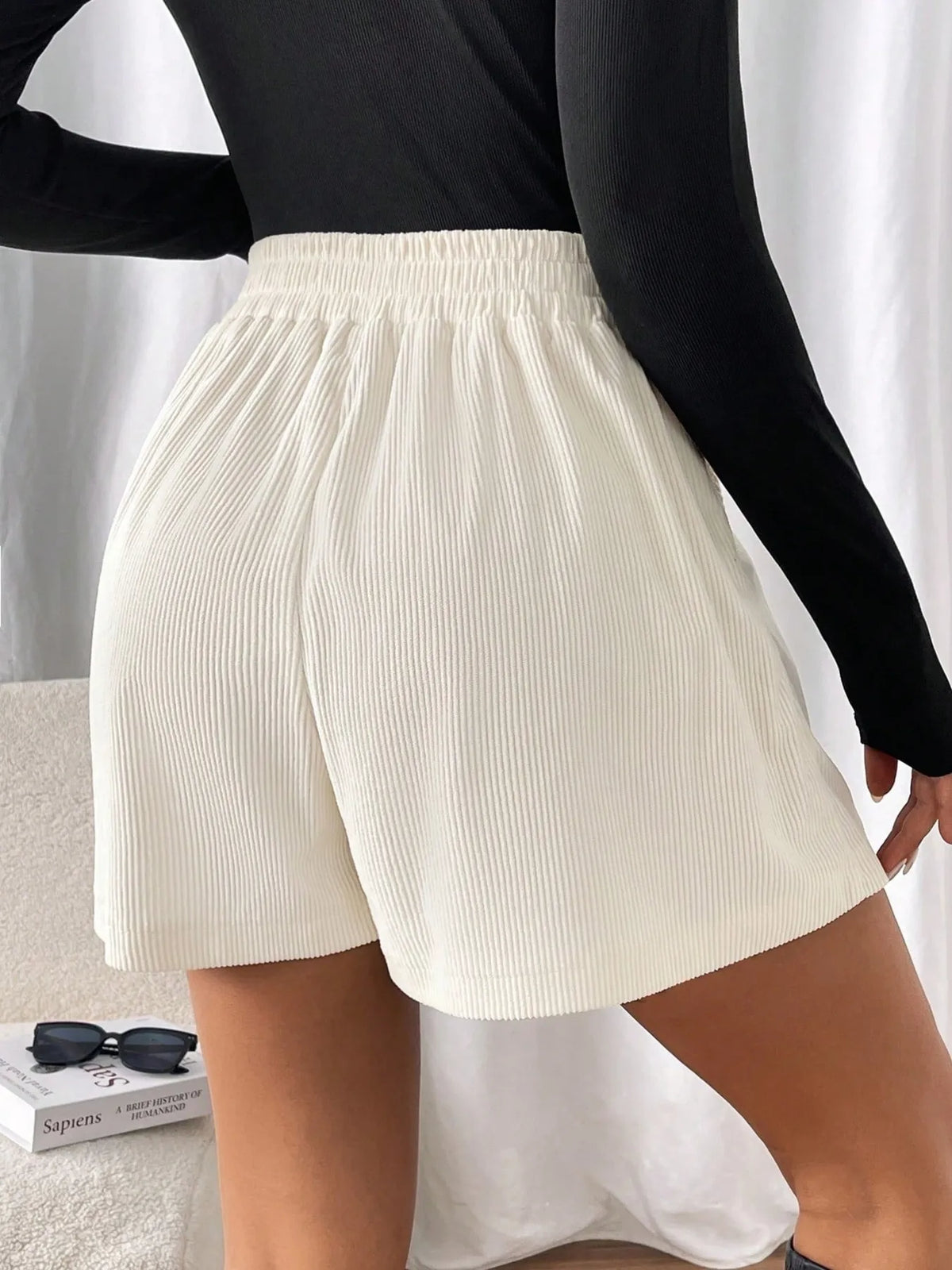 High-Waisted Corduroy Shorts in White