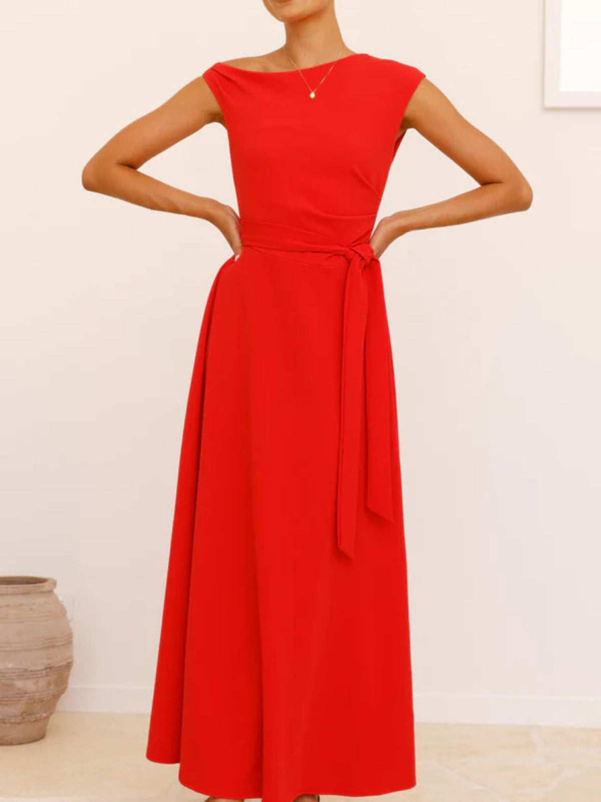 One-Shoulder Tie Waist Maxi Dress