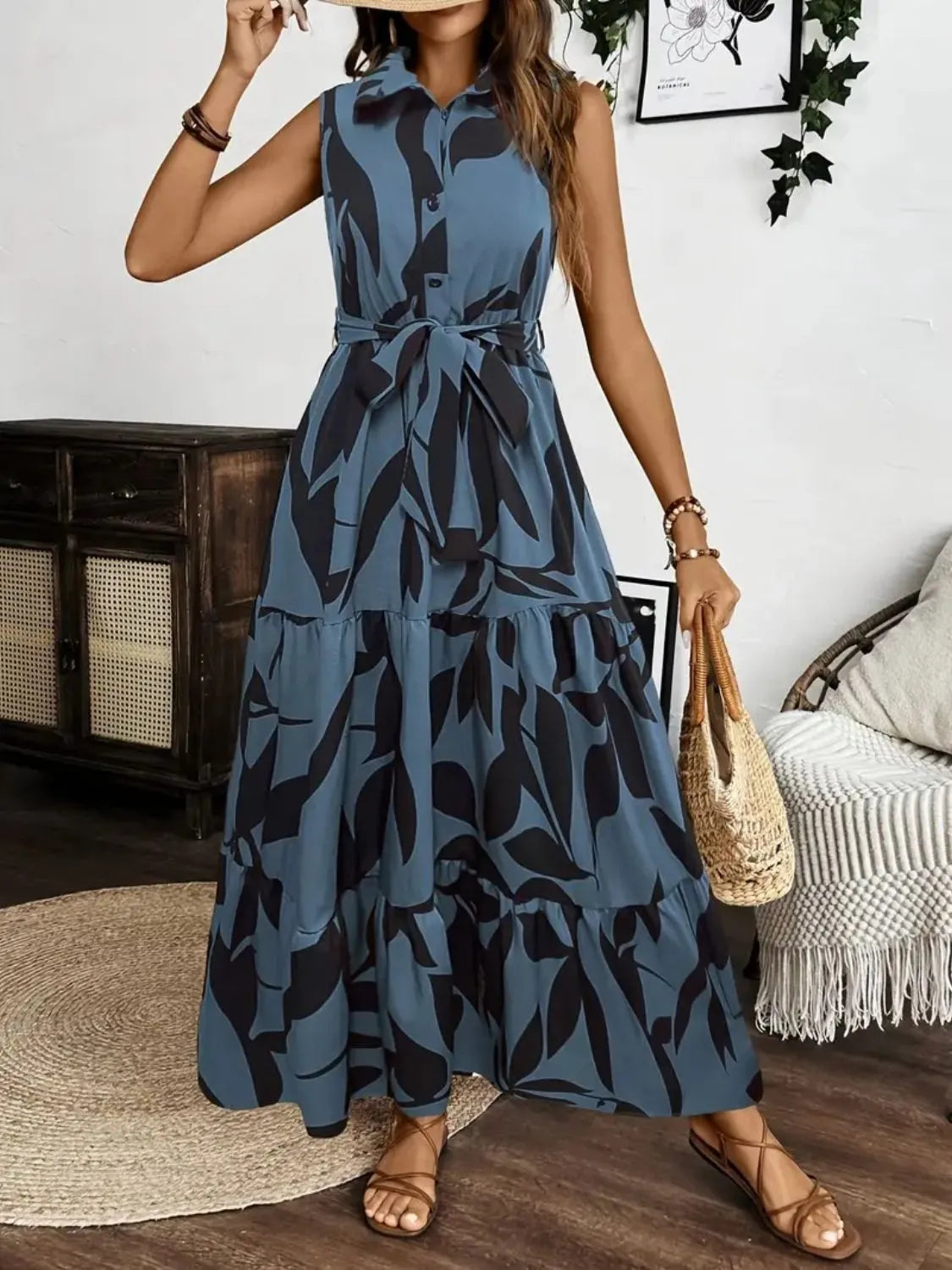 Printed Button-Front Tie-Waist Maxi Dress