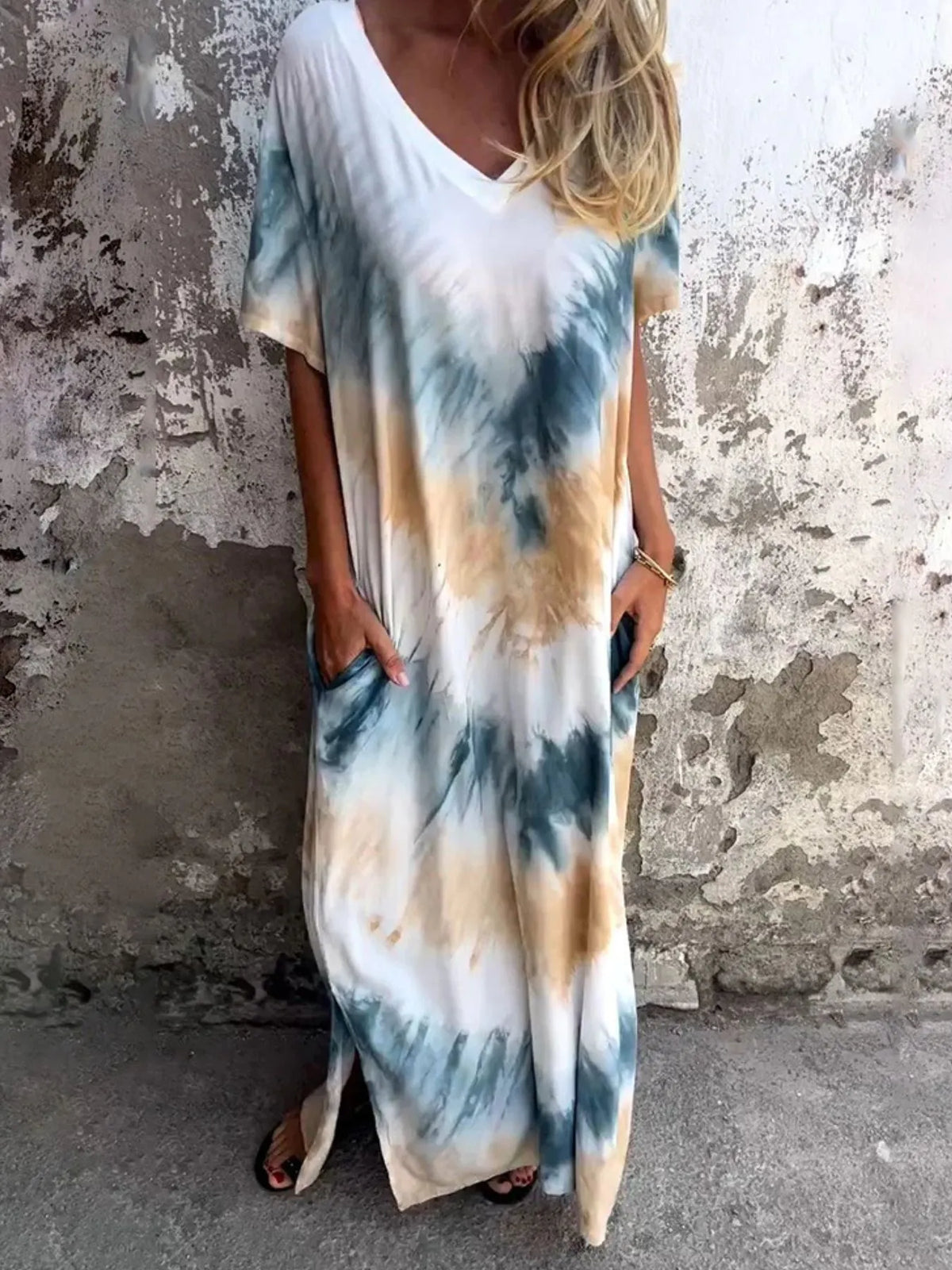 Tie-Dye V-Neck Midi Dress with Pockets