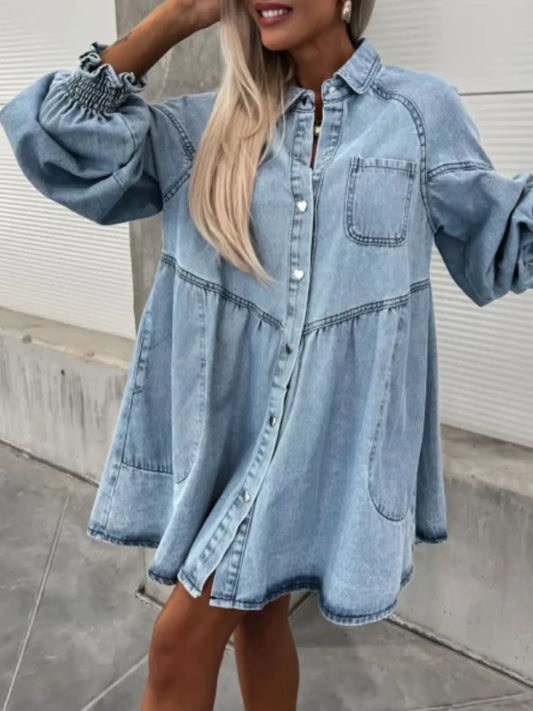 Oversized Button-Up Denim Dress by Ease Mee