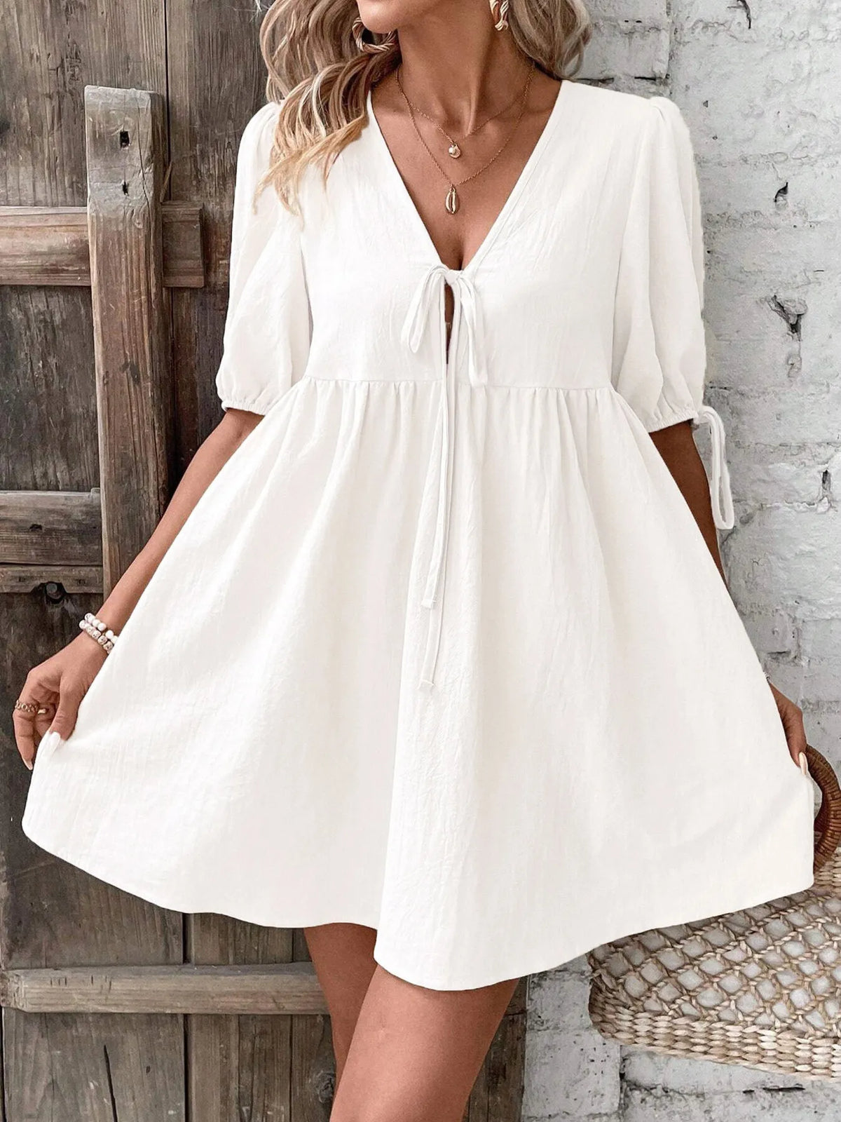 V-Neck Tie-Front Mini Dress with Puff Sleeves