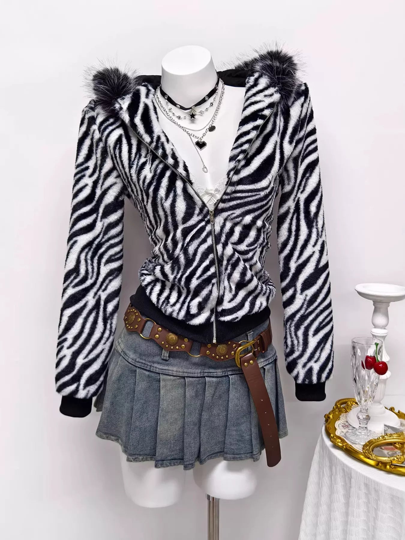Zebra Faux Fur Hooded Zip-Up Jacket in Black