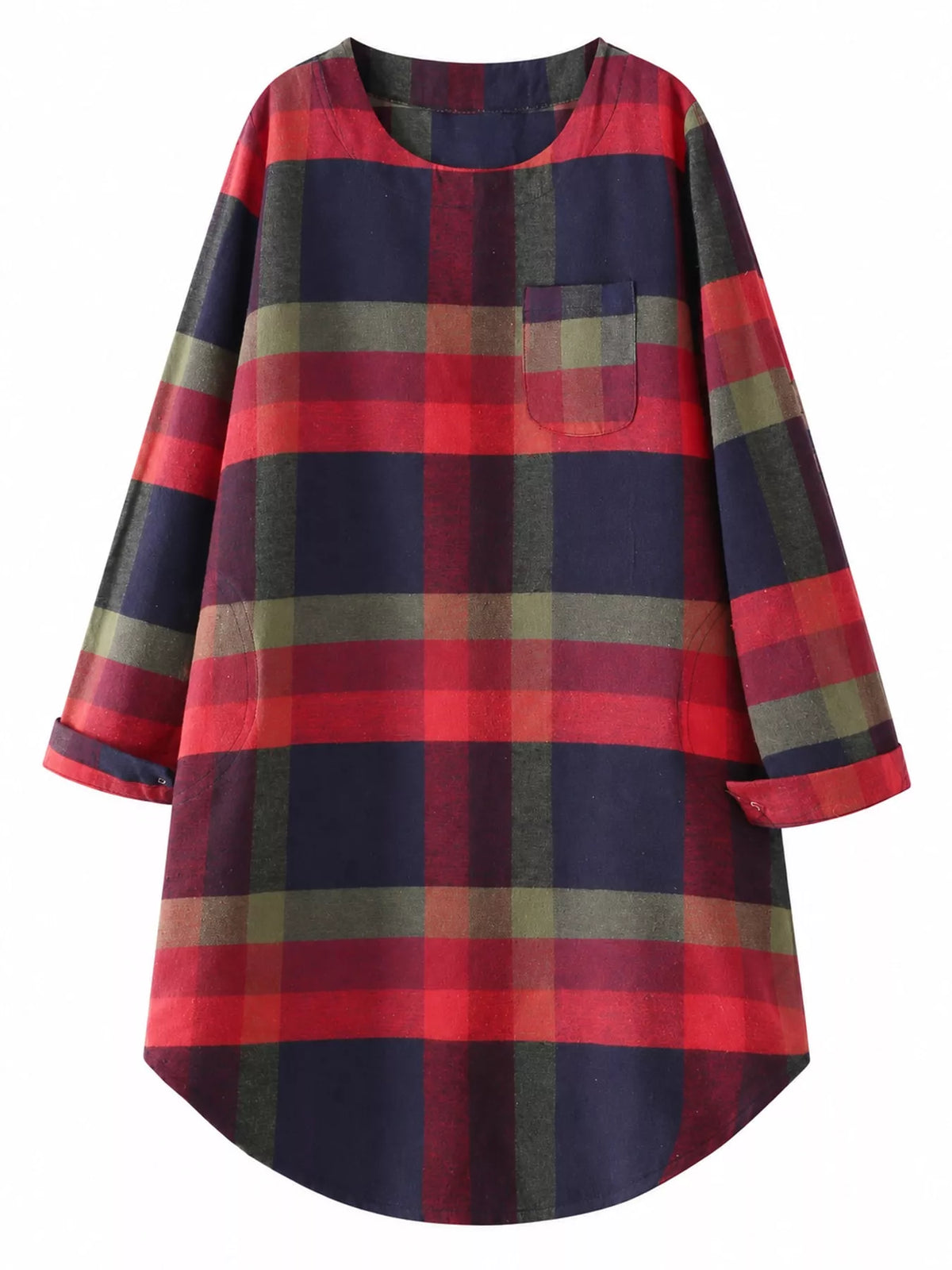 Red and Blue Plaid Vintage Long Sleeve Dress in Red And Blue-Plaid