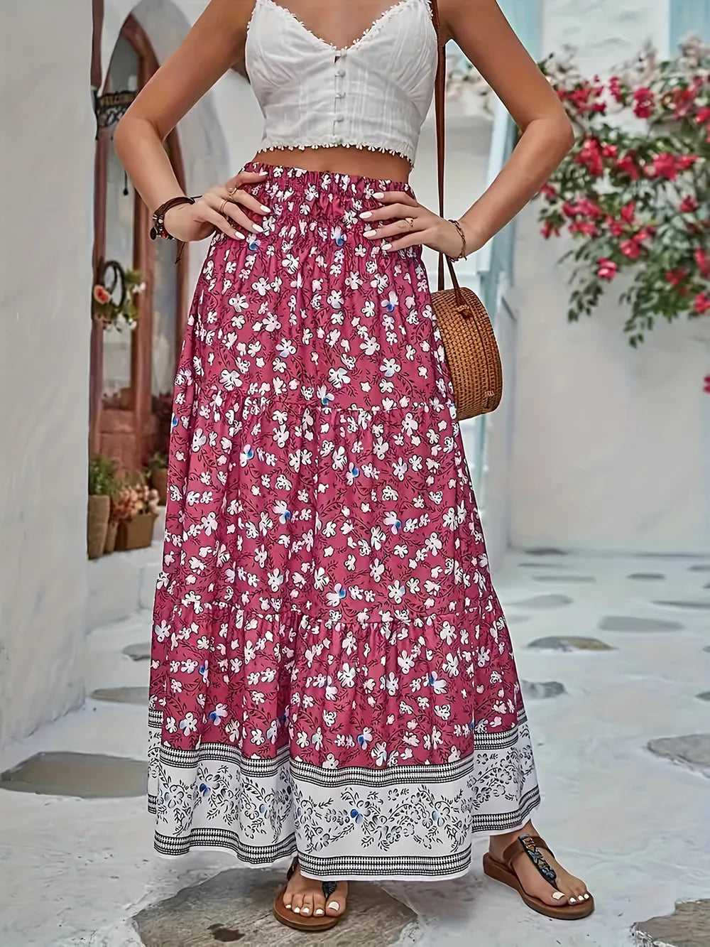 Tiered Printed Elastic-Waist Skirt