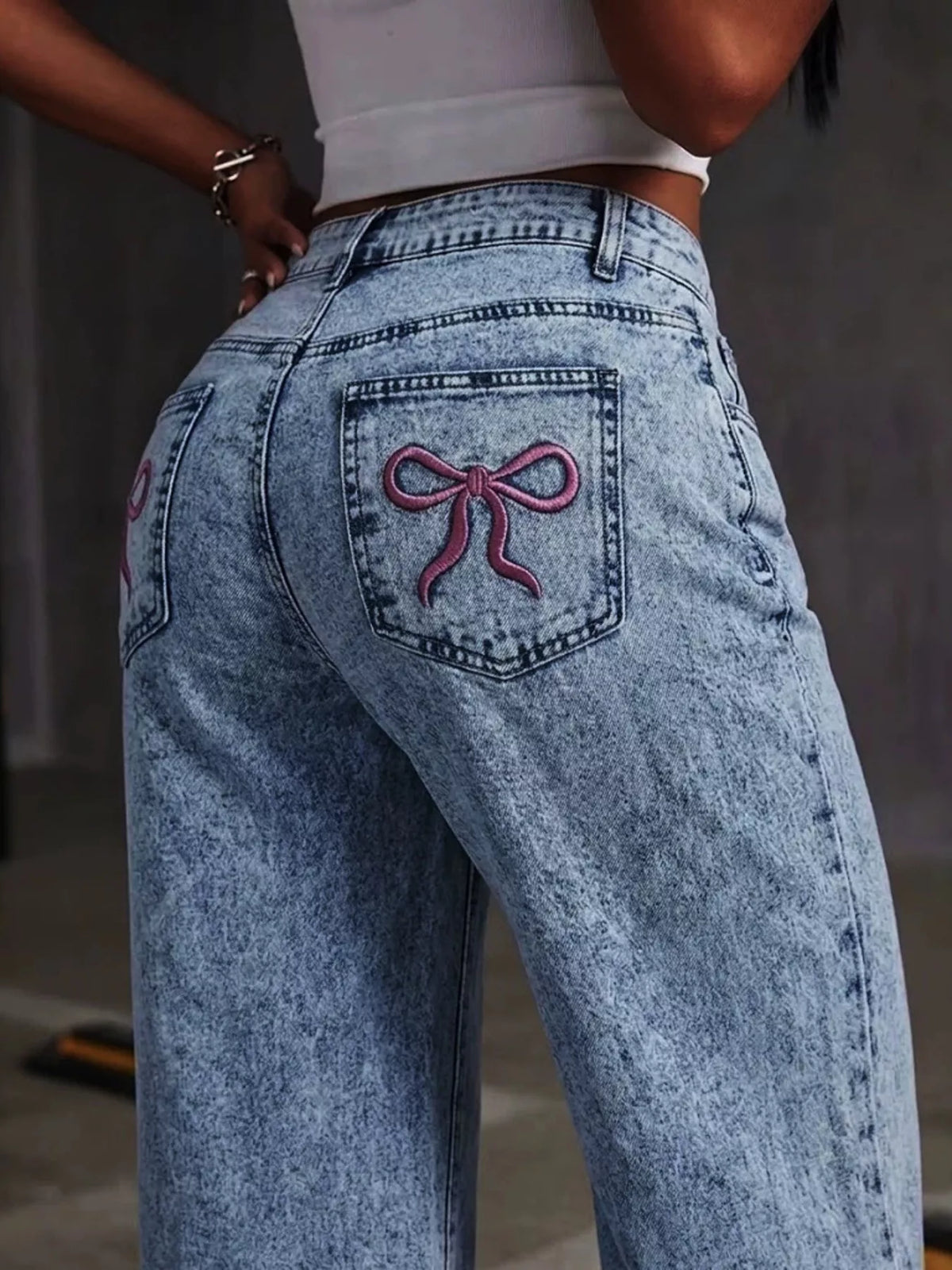 Embroidered Bow Wide Leg Jeans in Dusty Blue