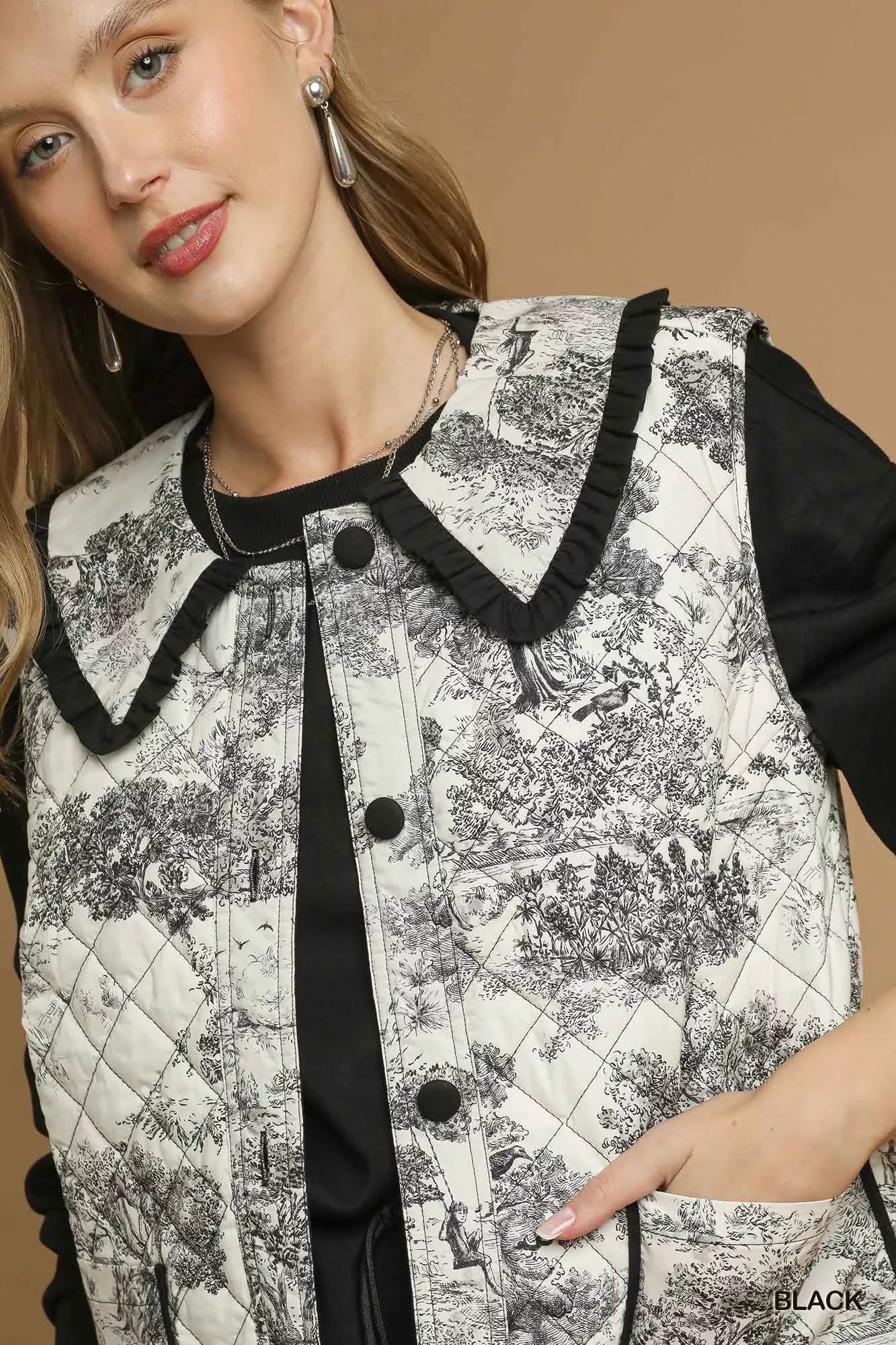 Umgee Toile Quilted Vest with Ruffle Collar in Black