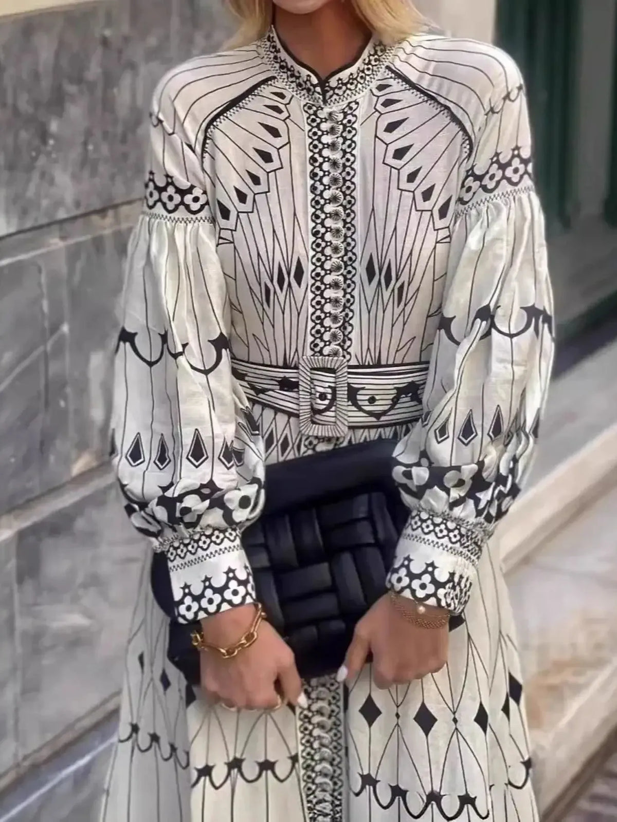 Printed Long Sleeve Shirt Dress in Beige