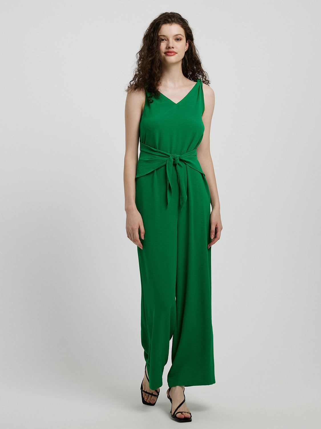 Knot Detail Tie-Front Jumpsuit in Mid Green