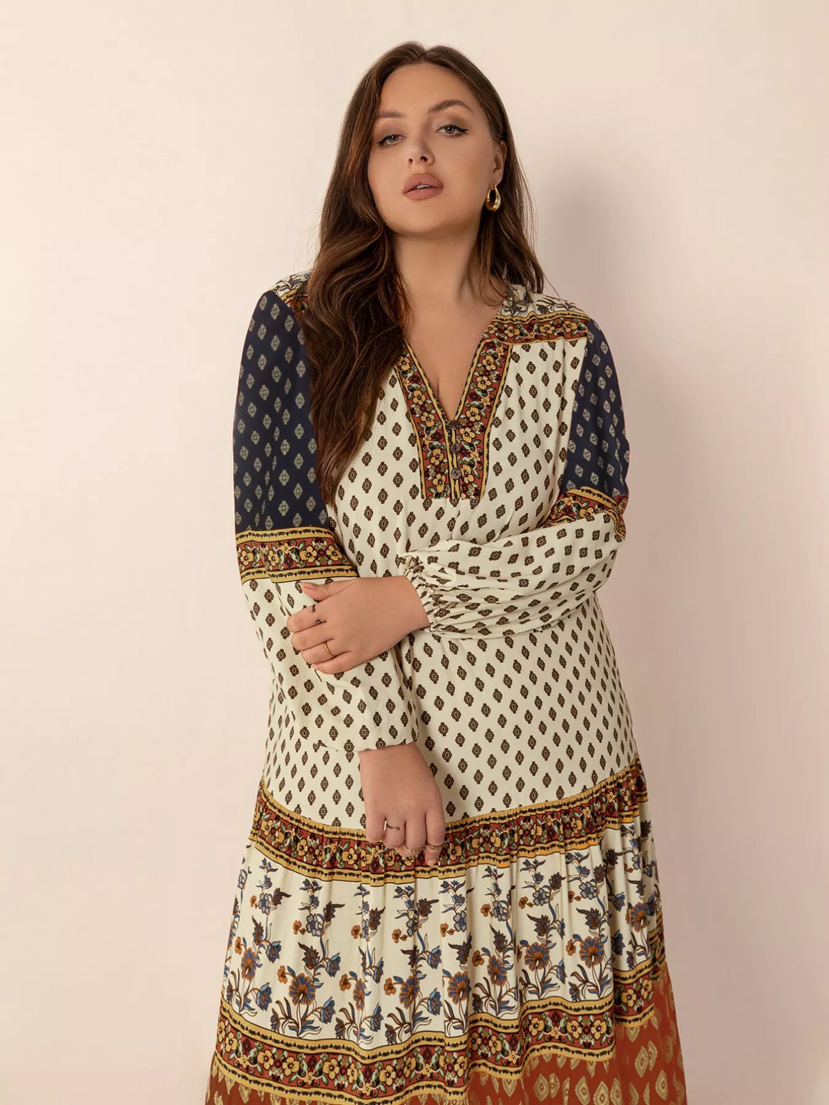 Notched Balloon-Sleeve Maxi Dress in Caramel