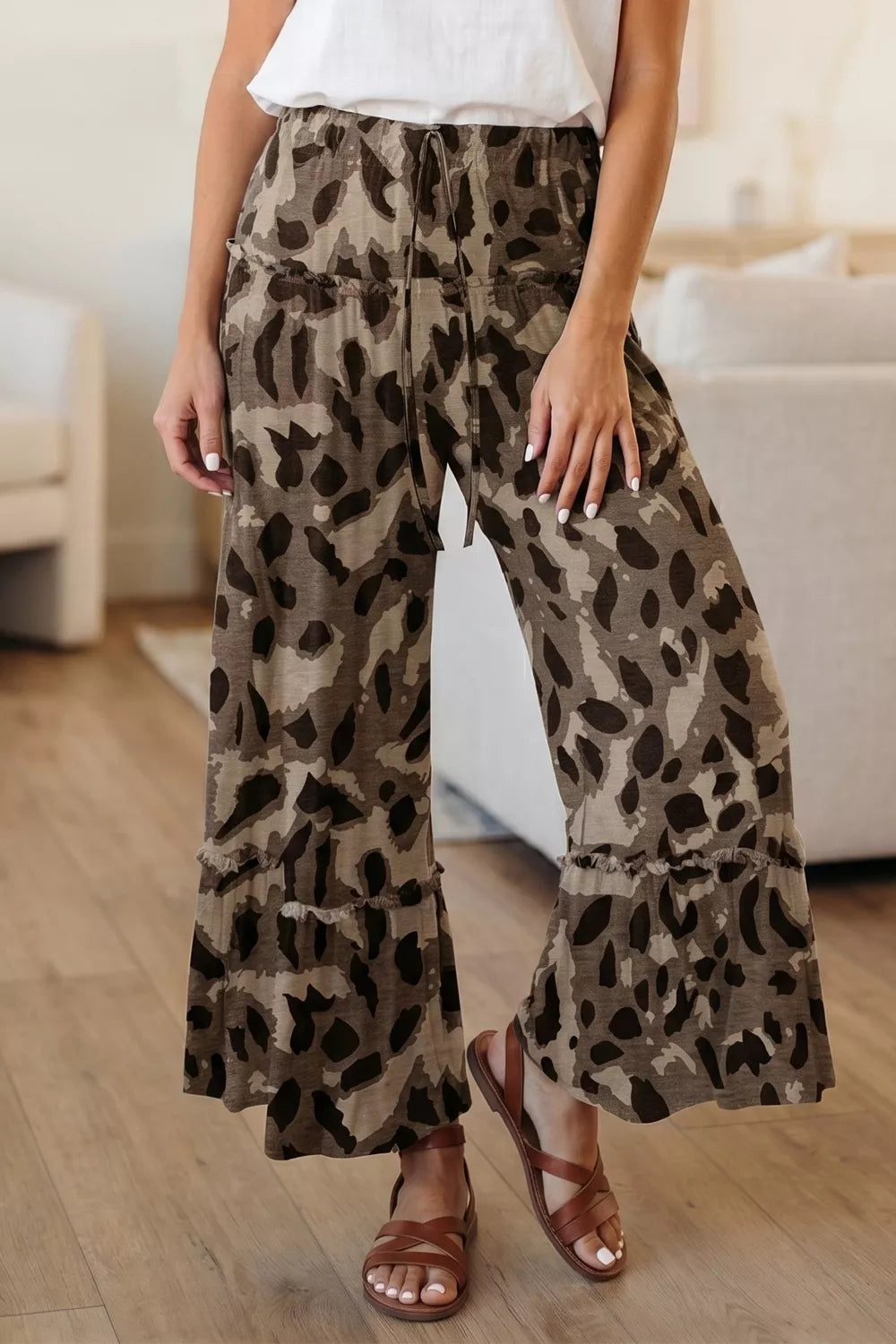 Camo Print Wide Leg Pants in Chocolate