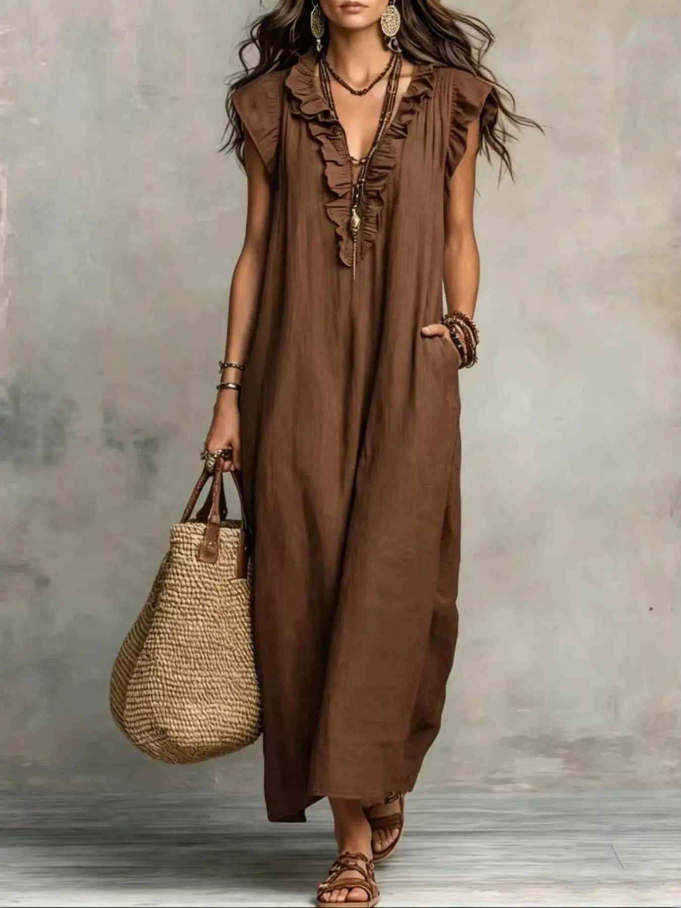 Ruffled V-Neck Cap Sleeve Maxi Dress Plus Size