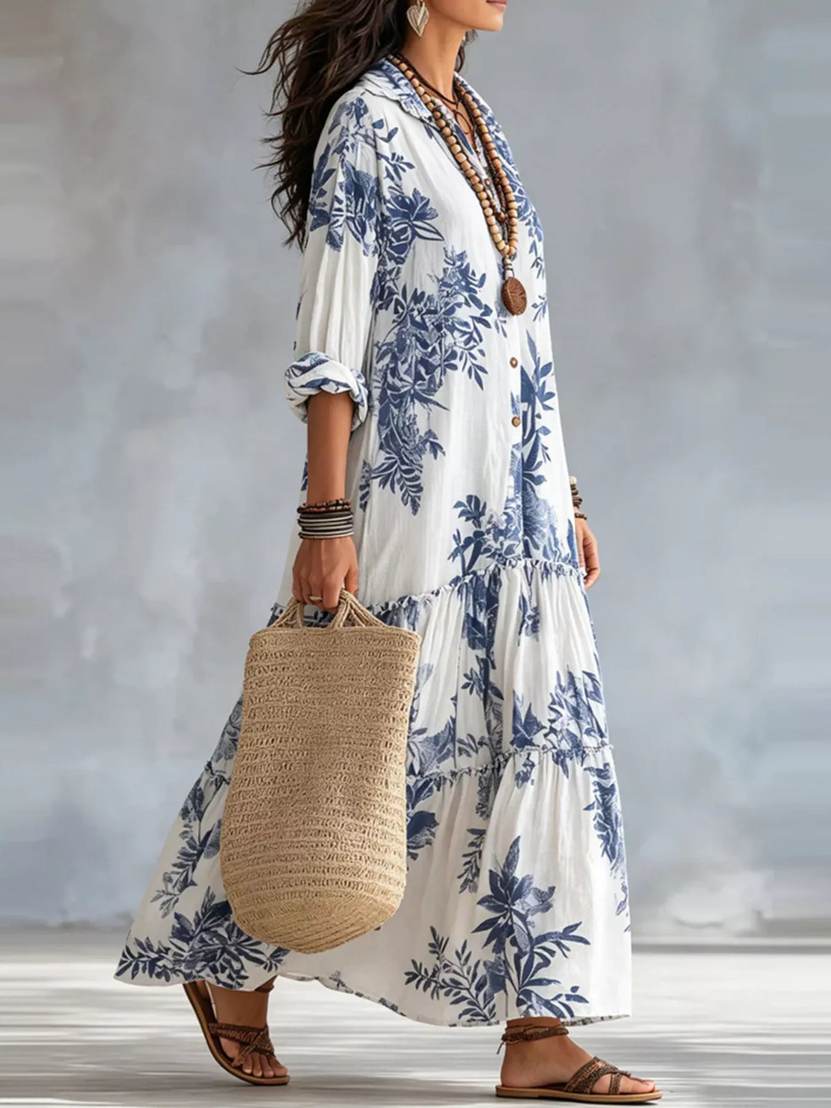 Printed Button-Front Tiered Maxi Dress