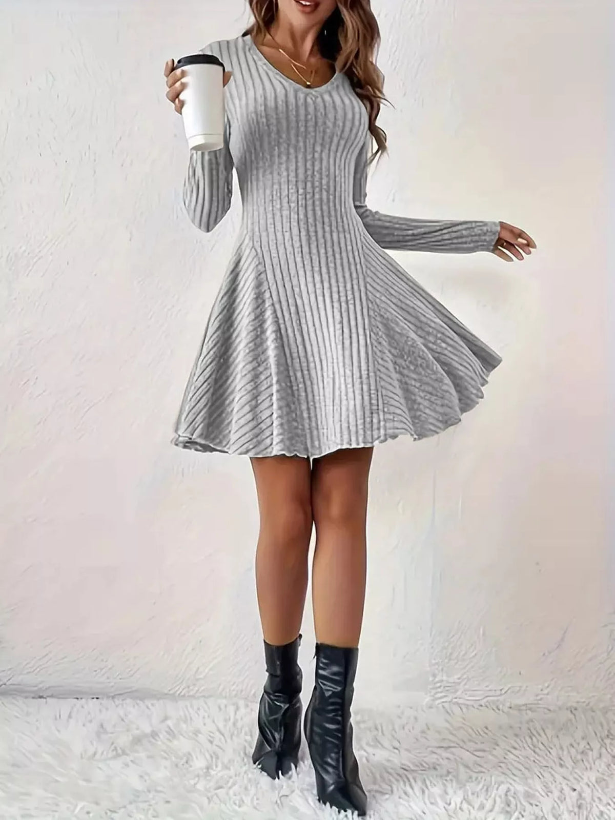 V-Neck Ribbed Knit A-Line Dress