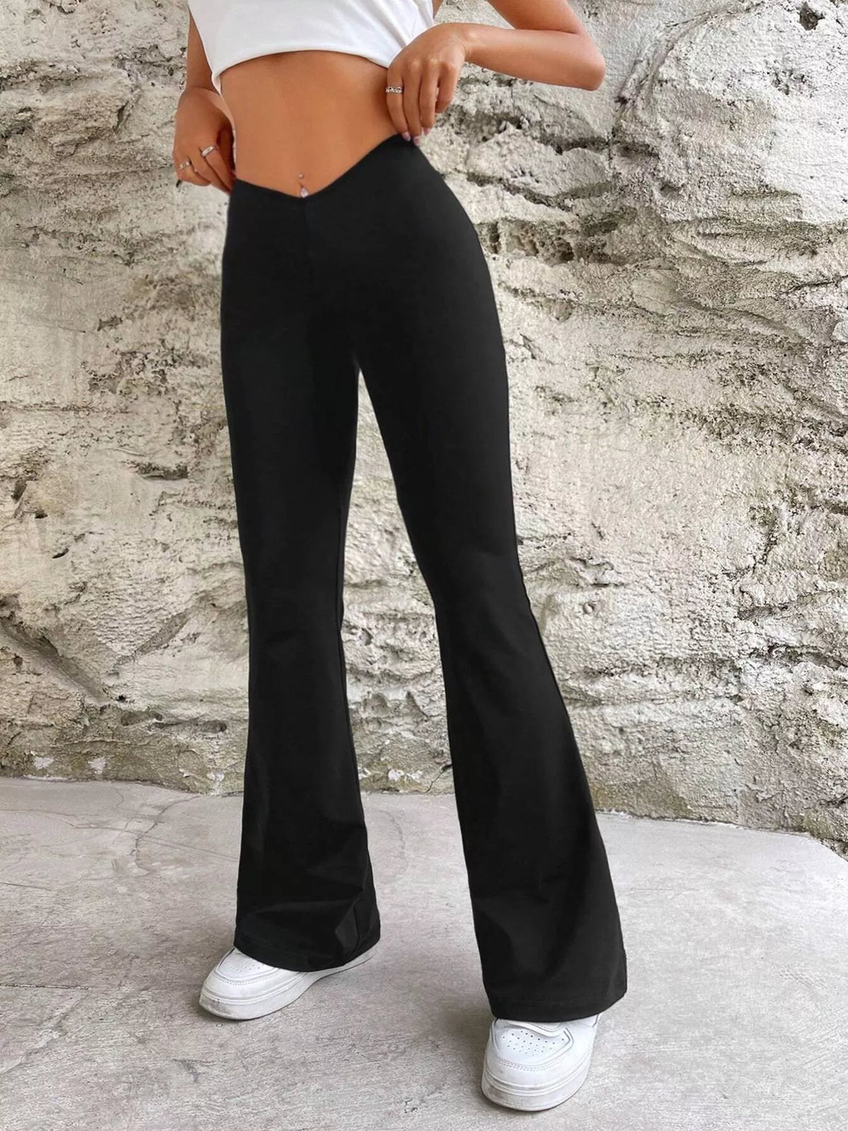 High-Waisted V-Cut Flare Leg Pants in Black