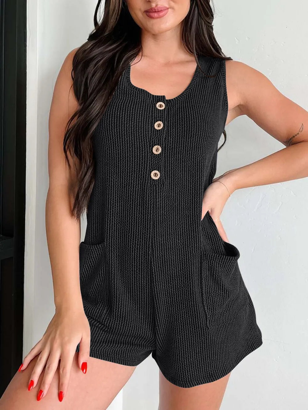 Textured Wide Strap Romper with Buttons
