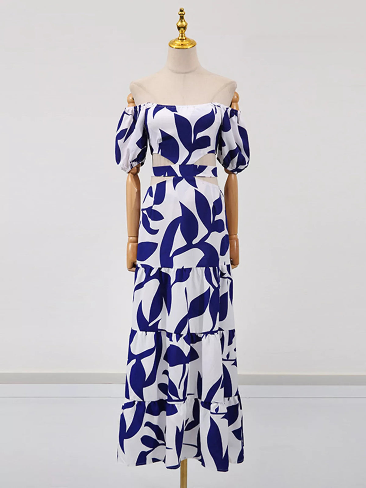 Off-Shoulder Cutout Leaf Print Maxi Dress