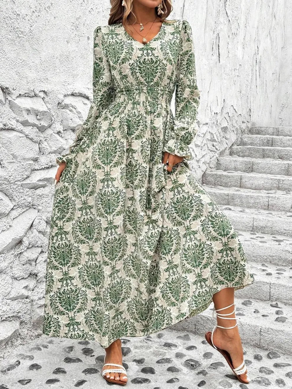 Smocked V-Neck Flounce Sleeve Dress