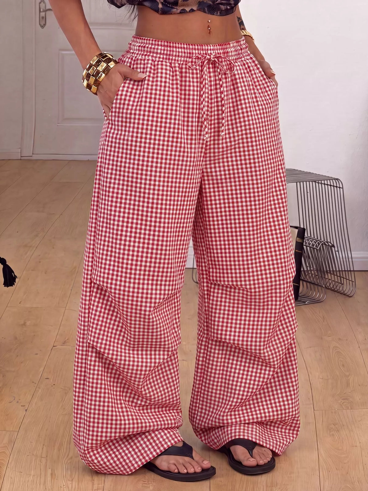 High-Waisted Gingham Drawstring Wide-Leg Pants
