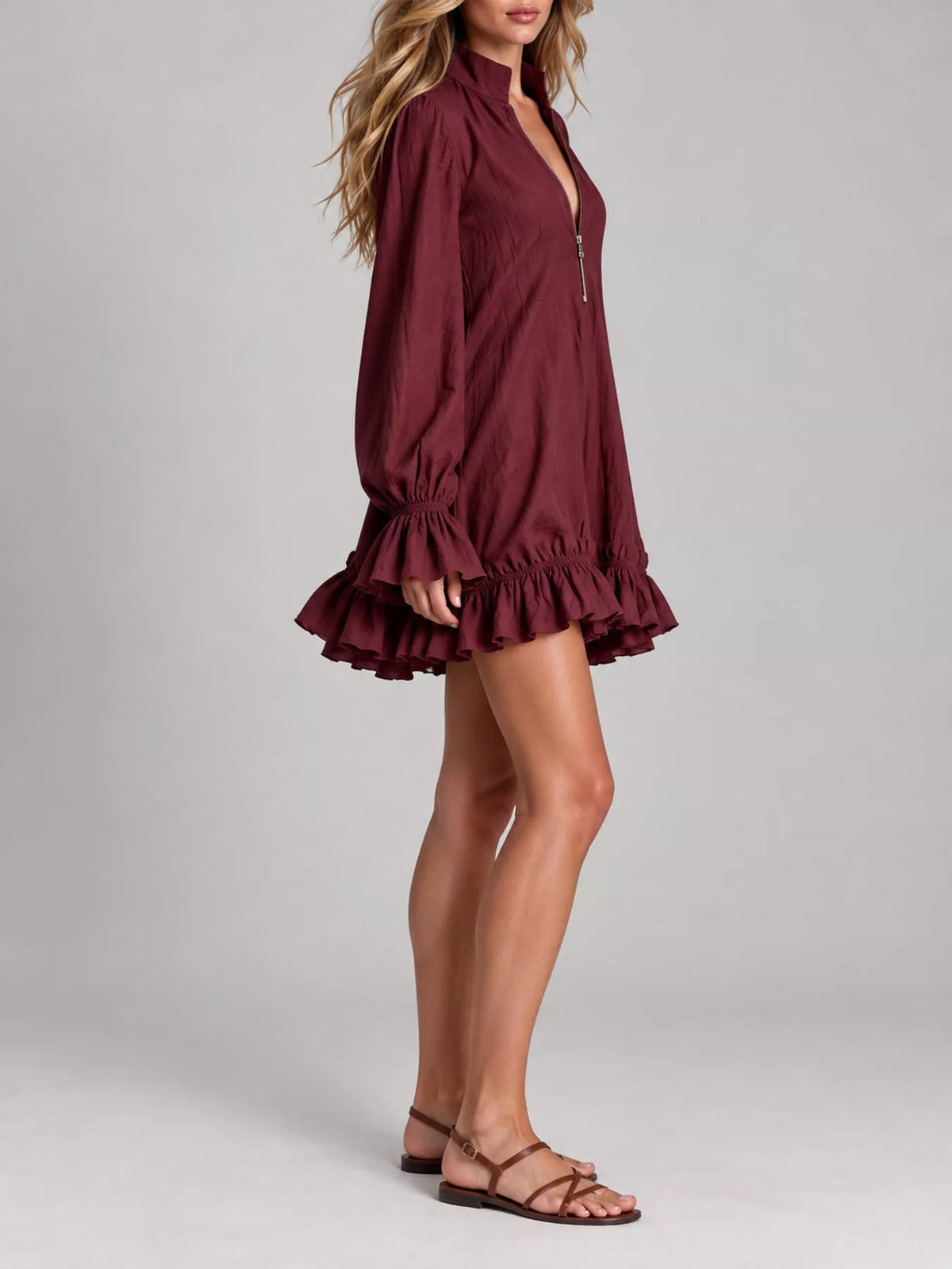 Zipper-Front Ruffle Hem Mini Dress