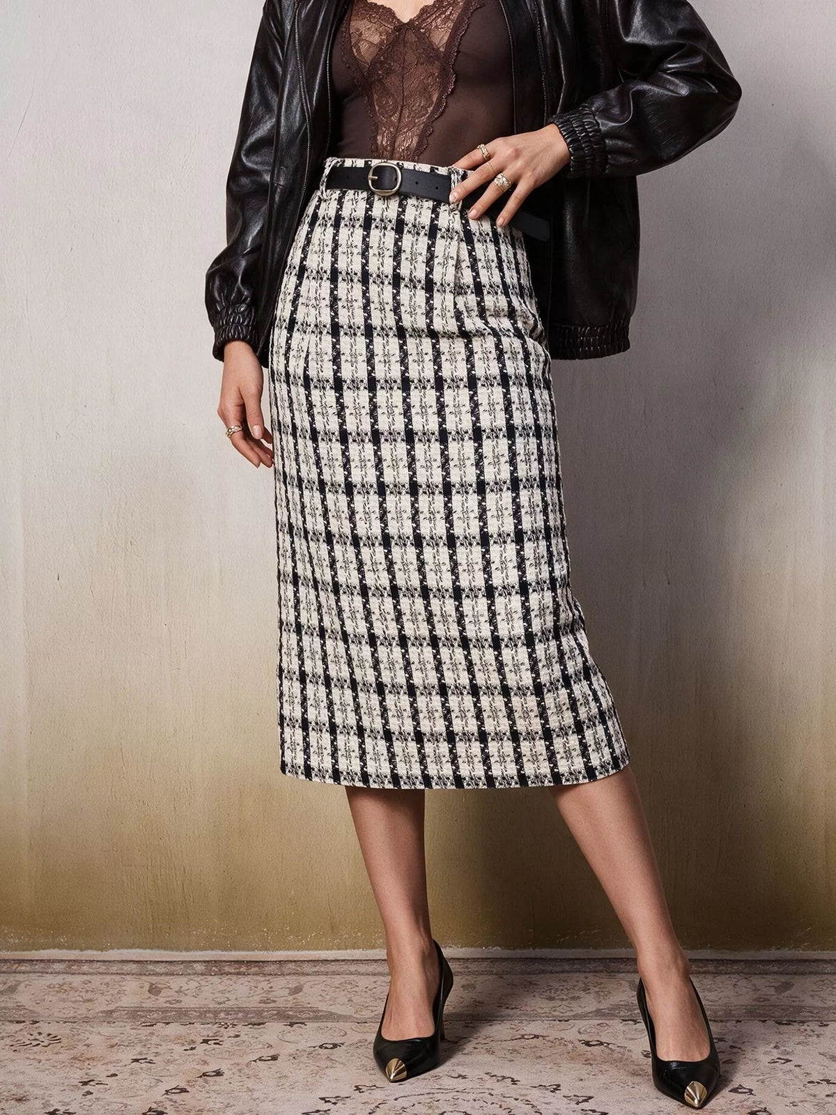 Black High-Waisted Tweed Plaid Midi Skirt
