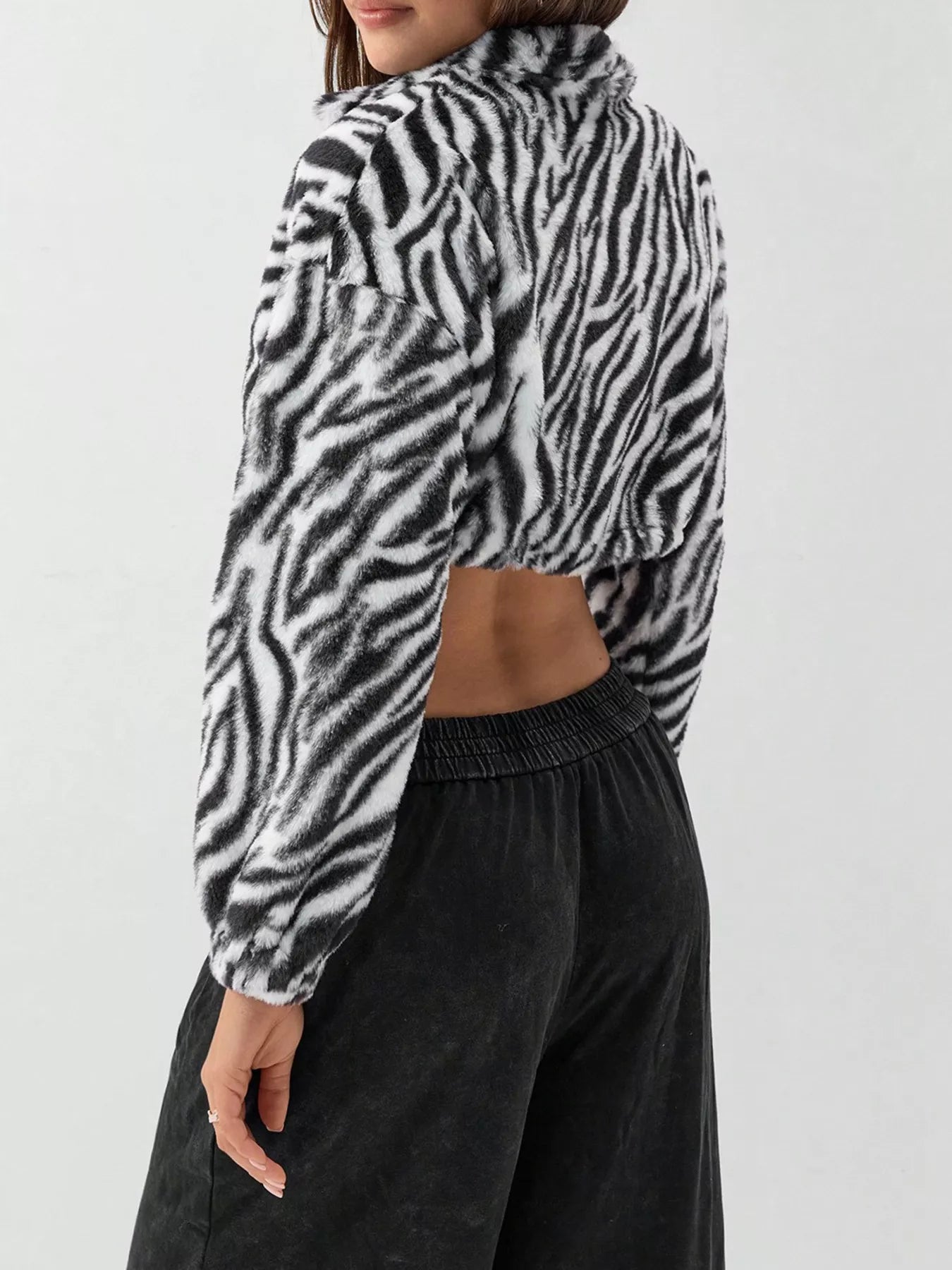 Zebra Print Plush Cropped Jacket in Black