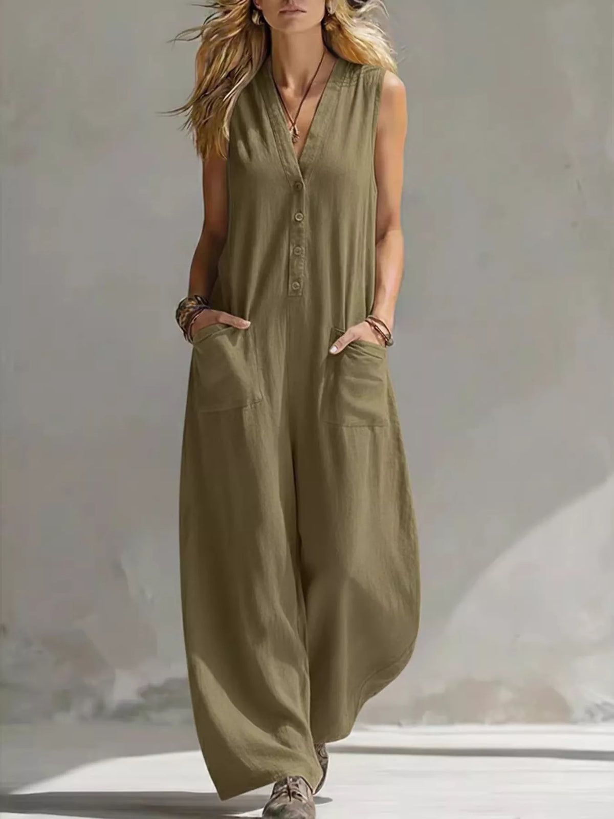 V-Neck Sleeveless Wide Leg Jumpsuit, Plus Size