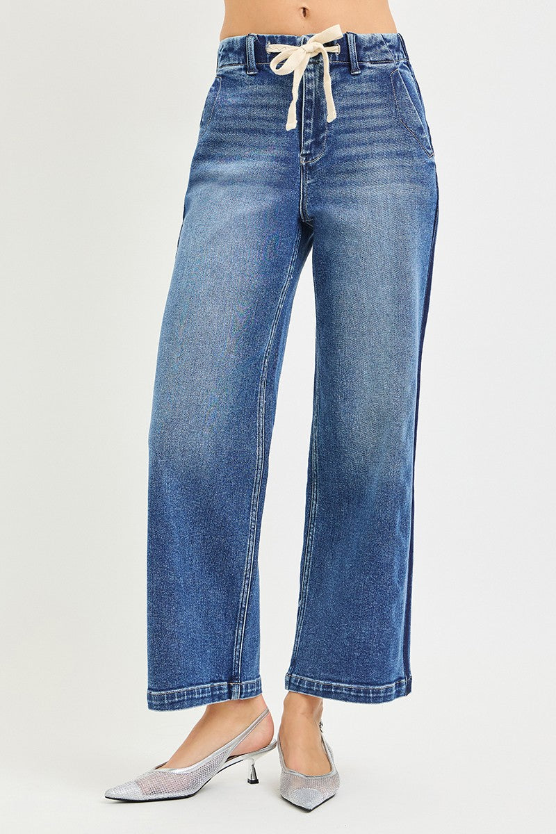 Risen Drawstring Cropped Wide Leg Jeans in Medium Wash