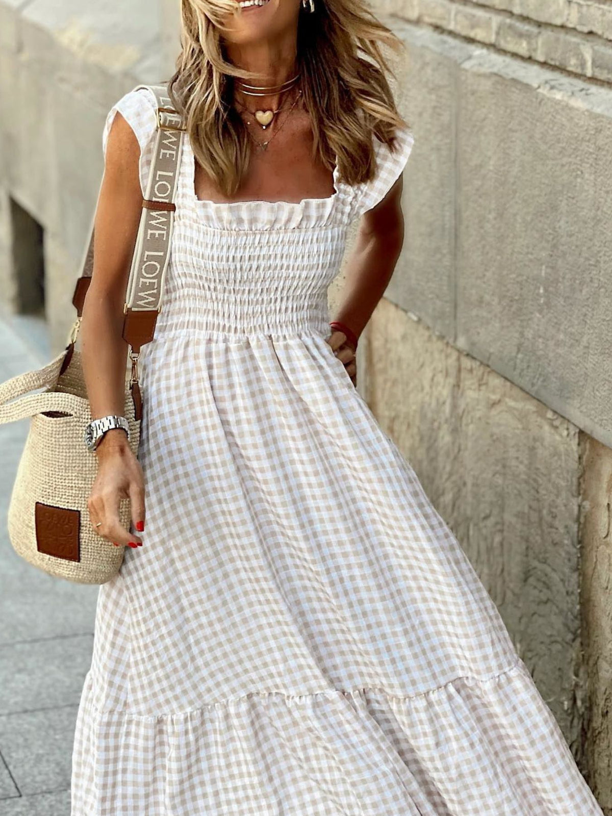 Plaid Ruffle-Sleeve Maxi Dress