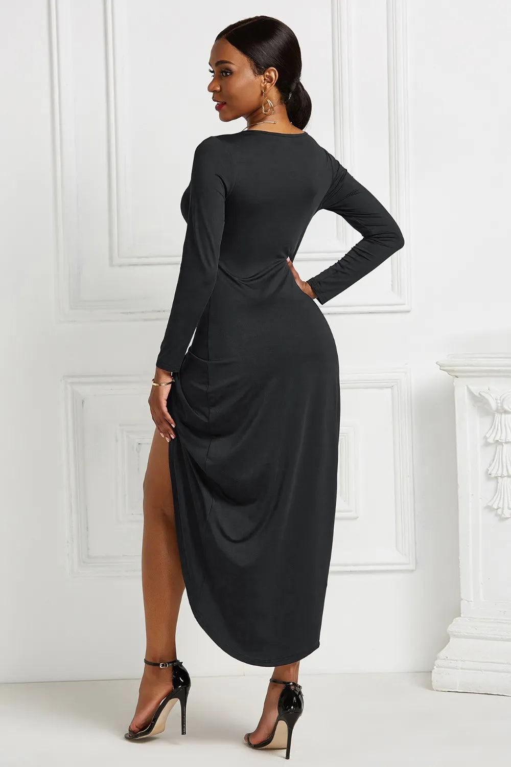Ruched Surplice Long Sleeve High-Low Dress