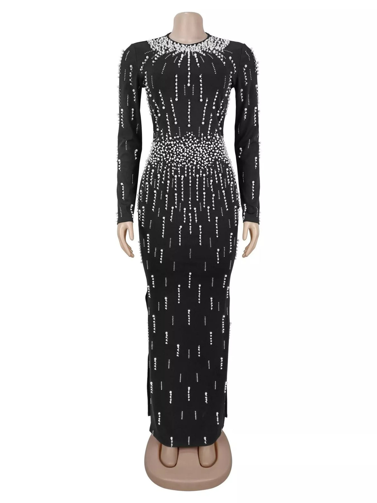 Pearl Detail Long Sleeve Maxi Dress in Black
