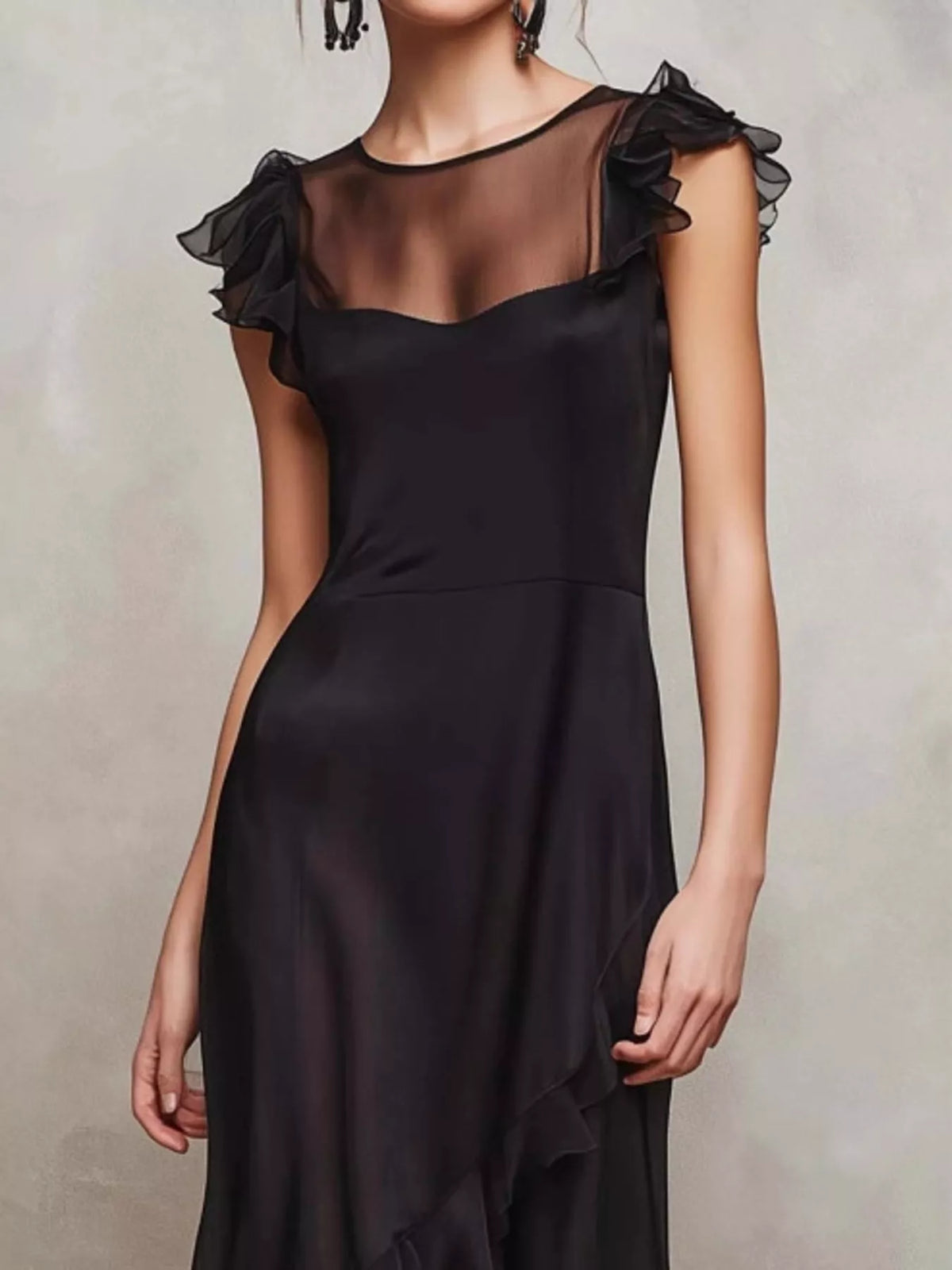 Sheer Ruffle Trim Maxi Dress in Black