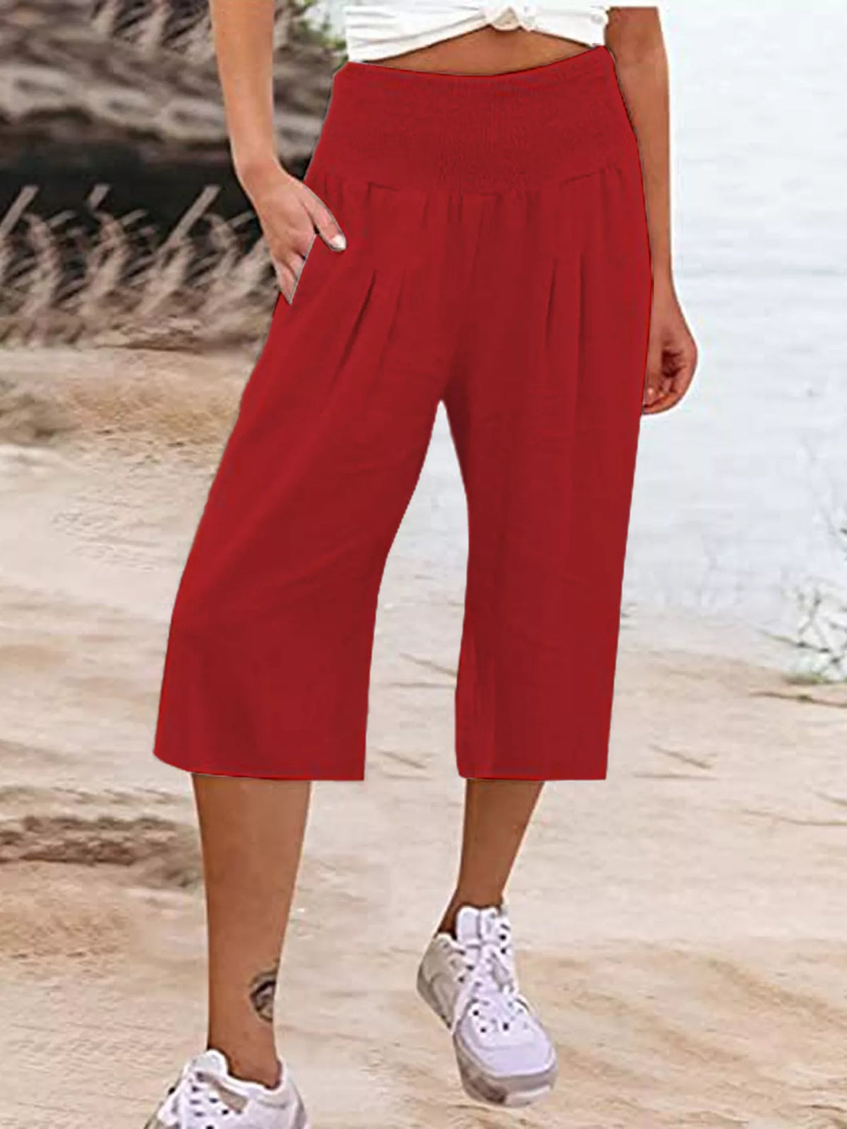 Smocked Wide-Leg Capri Pants